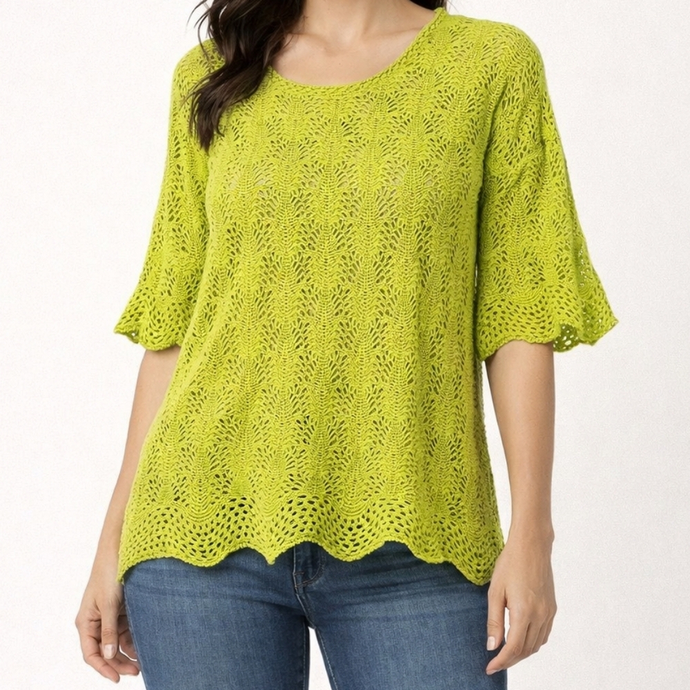 Umgee Crochet Knit Top‎ Women S Lime Green Boho Pointelle Bell Sleeve Scalloped